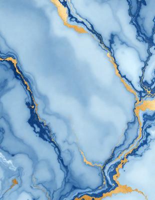 The primary subject of the image is a blue and gold marble-like surface. The setting is a blue and white marble-like surface, which is the background of the image. The visual style is a combination of a photo and digital art, creating a unique and intricate design. The colors and mood of the image are predominantly blue and gold, giving it a luxurious and elegant appearance.