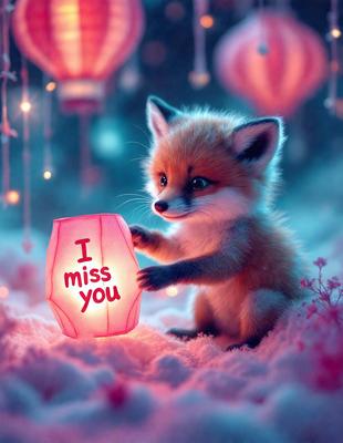 The primary subject of the image is a small, cute fox holding a lit lantern. The setting is a snowy environment, with the fox standing on a bed of snow. The visual style is a digital art illustration, creating a whimsical and charming scene. The dominant colors are pink and white, giving the image a warm and cozy atmosphere.