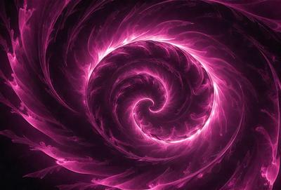 The primary subject of the image is a large, pink spiral or swirl, which appears to be a digital art or illustration. The setting is a dark background, which contrasts with the bright pink color of the spiral. The visual style suggests that the image is a creative and artistic representation of a spiral or swirl. The colors and mood of the image are predominantly pink, giving it a warm and vibrant atmosphere.