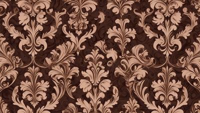 The primary subject of the image is a brown and white floral patterned wallpaper. The setting is a room with a wooden floor, and the visual style is a close-up of the wallpaper. The dominant colors are brown and white, creating a warm and classic atmosphere.