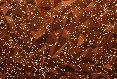 The primary subject of the image is a close-up of a brown surface covered in glittery confetti. The setting appears to be a room with a wooden floor. The visual style of the image is a close-up of the confetti, which gives it a digital art or illustration appearance. The colors and mood of the image are predominantly brown and glittery, creating a festive and celebratory atmosphere.