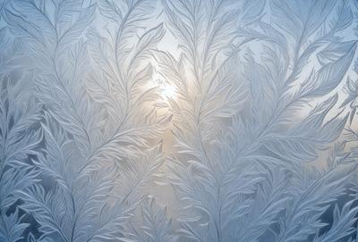 The primary subject of the image is a close-up of a frosty, icy window with a pattern of frozen leaves. The setting is a wintery environment, and the visual style appears to be a photo of the frosty window. The colors and mood of the image are predominantly cold and icy, with the frosty leaves and window creating a sense of wintery beauty.