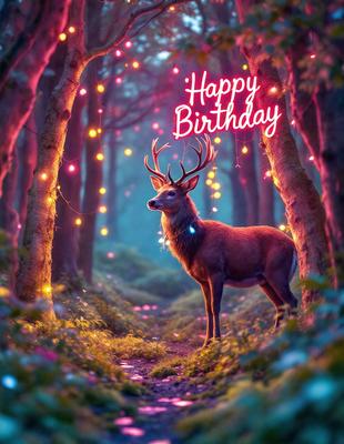 The primary subject of the image is a deer standing in a forest. The setting is a forest with trees and lights, creating a magical atmosphere. The visual style is a digital art, illustration, or drawing, with the deer being the main focus. The colors and mood are predominantly pink and warm, giving the scene a happy and celebratory vibe.