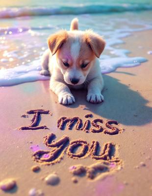 The image features a small dog sitting on a beach, with the words "I miss you" written in the sand in front of the dog. The dog appears to be looking at the writing, creating a heartwarming scene. The beach setting and the presence of the dog evoke a sense of relaxation and companionship.