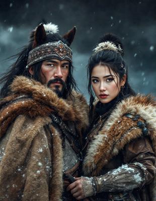 The primary subject of the image is a man and a woman standing together in a snowy environment. They are dressed in winter clothing, with the man wearing a fur coat and the woman wearing a hat. The setting appears to be a cold, snowy landscape, possibly in a forest. The visual style of the image is a photo, capturing the couple in their winter attire. The colors and mood of the image are predominantly cold and wintry, with the snow and the clothing of the couple creating a