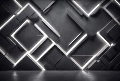 The primary subject of the image is a large, modern-looking wall with a pattern of light and dark squares. The setting is a room with a concrete wall, and the visual style appears to be a combination of digital art and illustration. The dominant colors are black and white, with the light squares being white and the dark squares being black. The overall atmosphere of the image is modern and minimalistic.