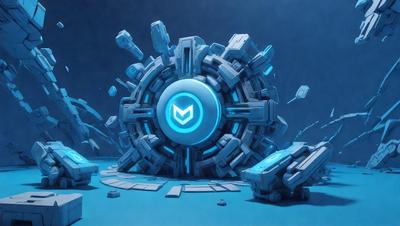 The primary subject of the image is a large, blue, circular object with a blue and white logo in the center. The setting is a dark blue background, which creates a contrasting and dramatic effect. The visual style is digital art, as the object appears to be a 3D model or a computer-generated image. The colors and mood of the image are predominantly dark and moody, with the blue and white logo adding a touch of brightness and contrast.