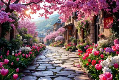 Primary subject: A beautifully paved pathway lined with pink flowers, including cherry blossoms and tulips.

Setting/background: The pathway is situated in a picturesque village, surrounded by buildings and a mountain in the background.

Visual style: The image is a photo of the pathway, capturing the vibrant colors and natural beauty of the flowers.

Colors and mood: The dominant colors are pink, which creates a warm and inviting atmosphere. The presence