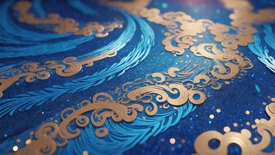 The primary subject of the image is a blue and gold wave design. The setting is a blue background, and the visual style appears to be a combination of digital art and illustration. The dominant colors are blue and gold, creating a serene and calming atmosphere.