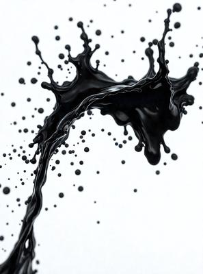 The primary subject of the image is a black ink splash, which is the main object, scene, or focus of the image. The setting is a white background, which provides a clean and uncluttered environment for the ink splash. The visual style is a black and white image, which adds a sense of drama and intensity to the scene. The colors and mood of the image are predominantly black, which creates a bold and striking contrast against the white background.