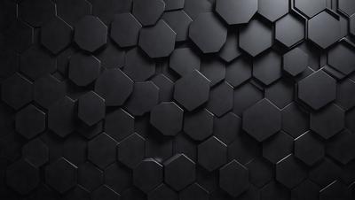 The primary subject of the image is a black and white pattern of hexagons. The setting is a black background, and the visual style appears to be a digital art or illustration. The dominant colors are black and white, creating a bold and striking pattern. The overall atmosphere of the image is modern and minimalistic.