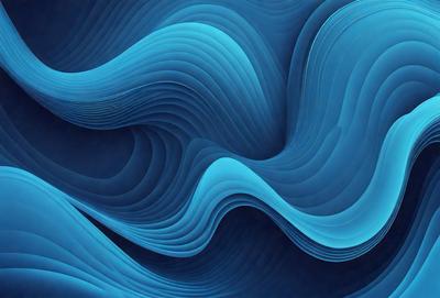 The primary subject of the image is a blue, wavy, and curved surface, which appears to be a digital art or illustration. The setting is a dark blue background, and the visual style is a combination of digital art and illustration. The colors and mood of the image are predominantly blue, creating a calm and serene atmosphere.