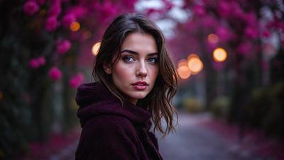 The primary subject of the image is a woman wearing a brown jacket and a red hoodie. She is standing in front of a pink background, which adds a vibrant and warm atmosphere to the scene. The visual style of the image is a close-up portrait, capturing the woman's features and expression. The colors and mood of the image are predominantly pink, creating a sense of warmth and femininity.