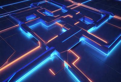The primary subject of the image is a blue and orange neon-lit maze. The setting is a blue surface, and the visual style appears to be a digital art or illustration. The dominant colors are blue and orange, creating a vibrant and energetic atmosphere.