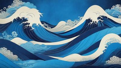 The primary subject of the image is a large wave with white and blue colors. The wave is depicted in a digital art style, with a blue background and white and blue colors. The wave is the main focus of the image, and it appears to be crashing onto the ocean floor. The overall atmosphere of the image is dynamic and powerful, with the wave's force and energy being the main visual element.