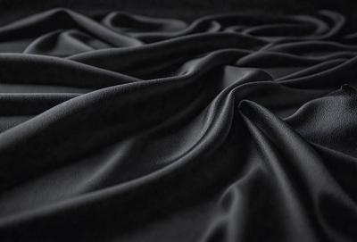 The primary subject of the image is a black fabric, which appears to be a piece of cloth or a curtain. The setting is a dark room, and the visual style is a close-up of the fabric. The colors and mood of the image are predominantly dark and moody, with the black fabric being the main focus.