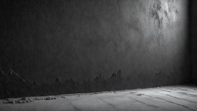 The primary subject of the image is a wall with a black background. The setting is a room with a concrete wall, and the visual style is a black and white photo. The colors and mood of the image are dark and moody, creating a sense of mystery or drama.