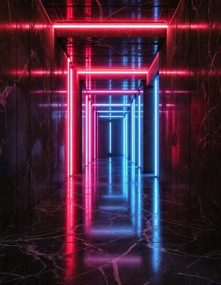 The primary subject of the image is a long hallway with a row of brightly colored lights lining the walls. The lights are arranged in a way that creates a visually striking pattern, giving the hallway a futuristic and vibrant atmosphere. The setting is a dark room, and the visual style appears to be a combination of digital art and photography. The dominant colors in the image are red, blue, and pink, which create a lively and energetic mood.