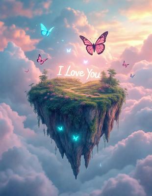 The primary subject of the image is a heart-shaped island with a green surface, surrounded by clouds. The setting is a cloudy sky, and the visual style is digital art. The colors and mood of the image are predominantly pink and whimsical, creating a sense of love and fantasy.