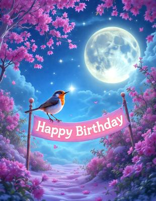 The primary subject of the image is a small bird perched on a wooden post. The setting is a beautiful garden with pink flowers, and the visual style is a digital art illustration. The colors and mood of the image are predominantly pink, creating a warm and inviting atmosphere.