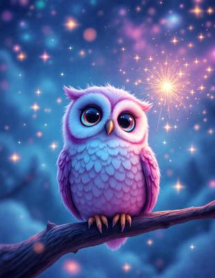 The primary subject of the image is a pink owl sitting on a branch. The setting is a nighttime scene with a purple sky, creating a serene and magical atmosphere. The visual style is a digital art illustration, showcasing the owl's unique features and the intricate details of the branch. The colors and mood of the image are predominantly purple, which adds to the overall mystical and enchanting ambiance.