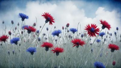 The primary subject of the image is a field of flowers, predominantly red and blue, with some purple flowers as well. The setting is a grassy field, and the visual style appears to be a photo. The colors and mood of the image are vibrant and lively, with the red and blue flowers standing out against the green grass.