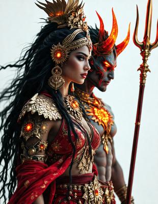 The primary subject of the image is a woman wearing a red dress and a gold crown. She is standing next to a man who is wearing a gold crown and a red dress. The setting appears to be a white background, which creates a clean and minimalistic look. The visual style of the image is a combination of photo and digital art, giving it a unique and artistic appearance. The colors in the image are predominantly red and gold, which adds a sense of warmth and elegance to the scene.