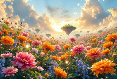 The primary subject of the image is a field of flowers, with a variety of different colored flowers spread throughout the scene. The setting is a beautiful, colorful garden with a sunny atmosphere. The visual style is a digital art or illustration, creating a vibrant and lively scene. The colors and mood are predominantly bright and cheerful, with the flowers adding a sense of warmth and beauty to the environment.