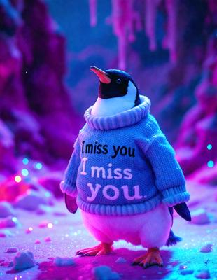 The primary subject of the image is a penguin wearing a sweater that says "I miss you." The penguin is standing on a purple surface, which could be a rock or a piece of art. The visual style of the image is a combination of photo and digital art, creating a unique and eye-catching scene. The colors and mood of the image are predominantly purple, giving it a warm and inviting atmosphere.