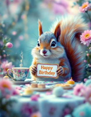 The primary subject of the image is a cute, colorful squirrel holding a "Happy Birthday" sign. The setting is a table with a cup and a cake on it, creating a festive atmosphere. The visual style is a combination of photo and digital art, giving the image a unique and creative appearance. The colors and mood are cheerful and celebratory, with the squirrel and the "Happy Birthday" sign being the main focus of the image.