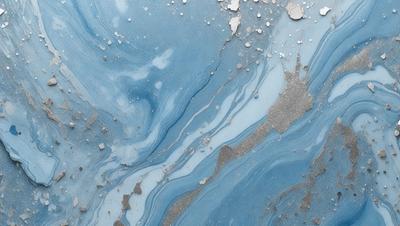 The primary subject of the image is a blue and white swirling pattern, which appears to be a painting or a digital artwork. The setting is a blue and white marbled surface, which adds to the visual style of the image. The colors and mood of the image are predominantly blue and white, creating a serene and calming atmosphere.