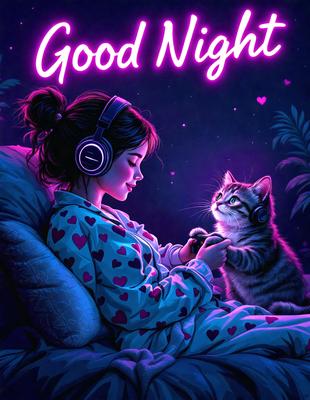 The primary subject of the image is a woman wearing headphones and laying in bed. She is smiling and appears to be enjoying her time. The setting is a bedroom, and the visual style is a digital art or illustration. The colors are predominantly pink and purple, creating a warm and cozy atmosphere.