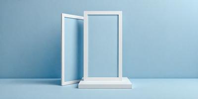 The primary subject of the image is a pair of white framed windows. The setting is a blue background, which creates a contrasting and visually appealing environment. The visual style is a photo, capturing the details of the windows and their surroundings. The colors and mood of the image are predominantly blue, giving it a calm and serene atmosphere.
