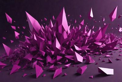 The primary subject of the image is a large, purple, three-dimensional structure, possibly a sculpture or a piece of art. The setting is a dark background, which contrasts with the vibrant purple color of the structure. The visual style appears to be a combination of digital art and illustration, creating a unique and eye-catching design. The colors and mood of the image are predominantly purple, giving it a bold and striking appearance.