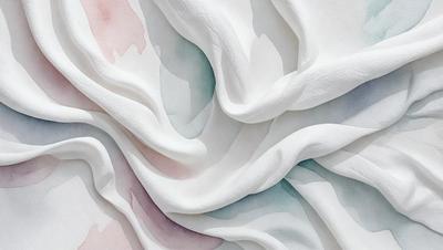 The primary subject of the image is a white sheet of fabric with a pattern of pink and blue swirls. The setting is a white background, and the visual style appears to be a combination of a photo and digital art. The colors and mood of the image are predominantly white and blue, creating a calm and serene atmosphere.