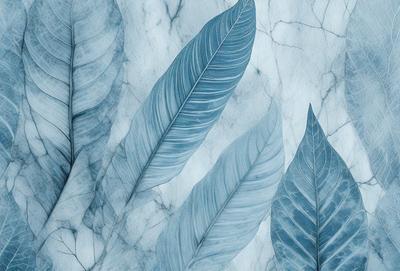 The primary subject of the image is a close-up of a blue leaf, which is the main focus of the image. The setting is a white marble surface, which serves as the background. The visual style is a digital art or illustration, as the leaf is depicted in a detailed and artistic manner. The dominant colors in the image are blue and white, creating a calm and serene atmosphere.