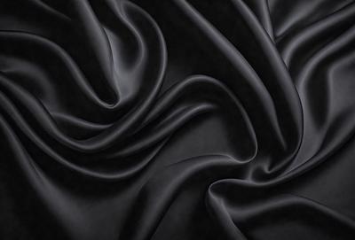 The primary subject of the image is a close-up of a black fabric, possibly a piece of clothing or a curtain. The setting is a dark background, which emphasizes the fabric's texture and pattern. The visual style appears to be a photo, as it captures the details of the fabric. The colors and mood of the image are predominantly dark, with the black fabric being the main focus.