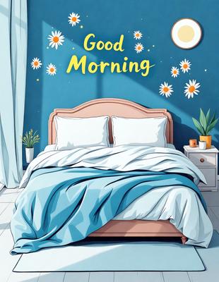 The primary subject of the image is a bed with a blue comforter and pillows. The setting is a bedroom with a blue wall and a window. The visual style is a colorful and whimsical illustration. The colors and mood are bright, cheerful, and inviting.