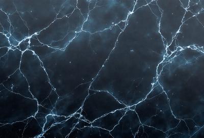 The primary subject of the image is a close-up of a blue marbled wall. The setting is a dark room, and the visual style appears to be a photo. The dominant colors are blue and black, creating a moody atmosphere.