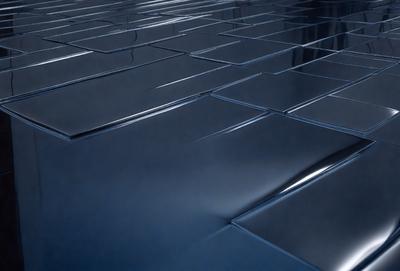 The primary subject of the image is a large, shiny, and reflective surface, possibly a mirror or a piece of glass. The setting is a dark room, and the visual style appears to be a photo or a digital artwork. The colors and mood of the image are predominantly dark and moody, with the shiny surface reflecting the light in the room.