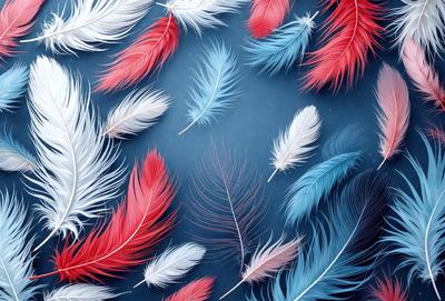 The primary subject of the image is a collection of feathers, which are displayed in various colors, including red, blue, and white. The feathers are arranged in a visually appealing manner, creating a sense of depth and dimension. The setting is a blue surface, which serves as a backdrop for the feathers. The visual style of the image is a combination of photo and digital art, as it captures the intricate details of the feathers while maintaining a sense of realism. The colors and mood of the