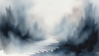 The primary subject of the image is a body of water, possibly a river or a lake, with a misty atmosphere. The setting is a forest, with trees surrounding the water. The visual style is a painting, which creates a serene and peaceful mood. The colors are predominantly shades of blue and gray, with the misty atmosphere adding a sense of tranquility to the scene.
