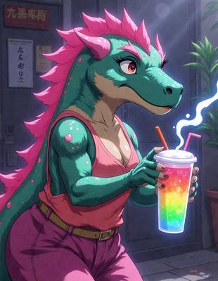 The primary subject of the image is a cartoon character, specifically a pink and green dragon, holding a colorful drink in its hand. The setting is a room with a potted plant in the background. The visual style is digital art, and the dominant colors are pink, green, and rainbow colors. The overall atmosphere is lively and fun, as the dragon character is depicted enjoying its drink.