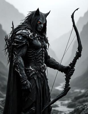 The primary subject of the image is a man dressed in a black costume, holding a bow and arrow. The setting is a mountainous landscape, with a dark and moody atmosphere. The visual style appears to be a combination of digital art and illustration, creating a dramatic and intense scene. The colors are predominantly dark, with the man's costume and the mountainous background being the main focus of the image.