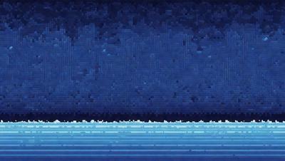 The primary subject of the image is a blue sky with a few clouds. The setting is a vast, open space with a blue ocean in the background. The visual style is a combination of a photo and digital art, creating a unique and intriguing atmosphere. The colors and mood are predominantly blue, with a sense of depth and tranquility.