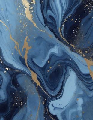 The primary subject of the image is a blue and gold painting with a swirling design. The setting is a blue background, and the visual style appears to be a combination of digital art and illustration. The dominant colors are blue and gold, creating a sense of depth and richness in the painting.