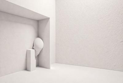 The primary subject of the image is a white head, which is positioned in a corner of a white room. The setting is a plain, white room with no other objects or decorations visible. The visual style of the image is a combination of photo and digital art, creating a unique and intriguing composition. The colors and mood of the image are predominantly white, giving it a clean and minimalist appearance.