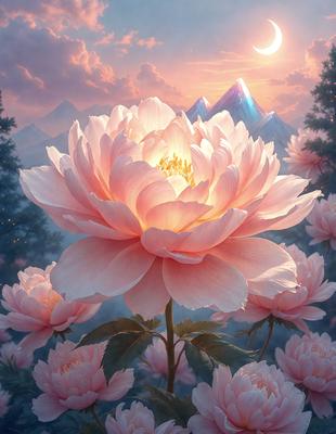 The primary subject of the image is a large, beautiful pink flower with a yellow center, sitting in a field of other flowers. The setting is a picturesque landscape with a mountain in the background, creating a serene and peaceful atmosphere. The visual style is a combination of photo and digital art, with the flower and its surroundings depicted in a vibrant and realistic manner. The colors and mood of the image are predominantly pink and yellow, evoking feelings of warmth, love, and natural