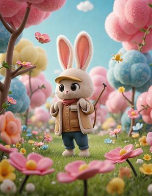 The primary subject of the image is a cute bunny character, dressed in a jacket and hat, standing in a field of flowers. The setting is a lush, colorful garden with pink and yellow flowers. The visual style is a digital art or illustration, creating a whimsical and cheerful atmosphere. The dominant colors are pink, yellow, and green, with the bunny character being the main focus of the image.