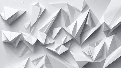 The primary subject of the image is a large, intricate, and complex white paper sculpture. The sculpture is made up of many small triangles, creating a visually striking and unique design. The setting is a white wall, which serves as a clean and uncluttered backdrop for the paper sculpture. The visual style of the image is a combination of digital art and illustration, as the paper sculpture appears to be a three-dimensional digital creation. The colors and mood of the image are predominantly white